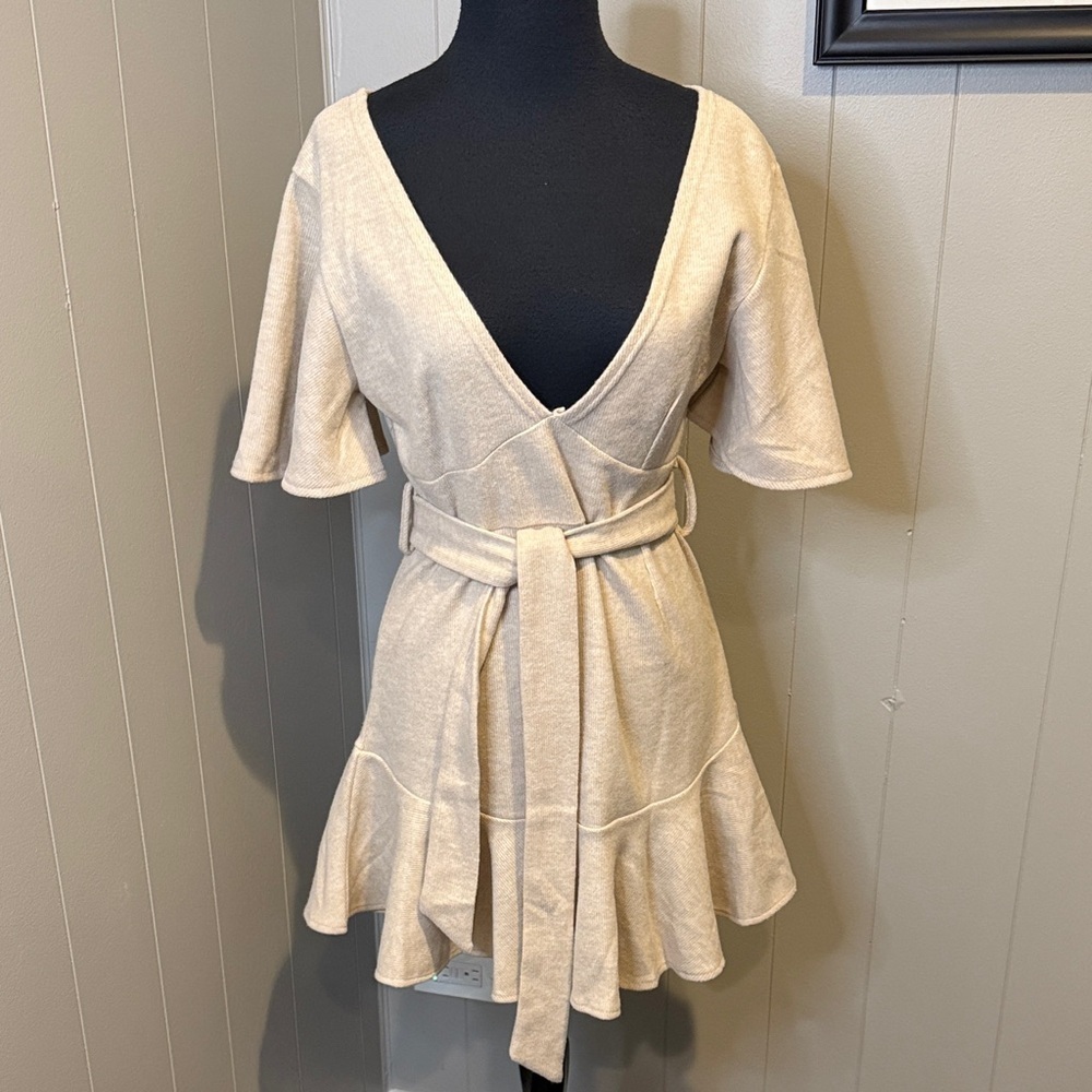 ZC Woman Medium Chic Beige Belted Mini V Neck Dress